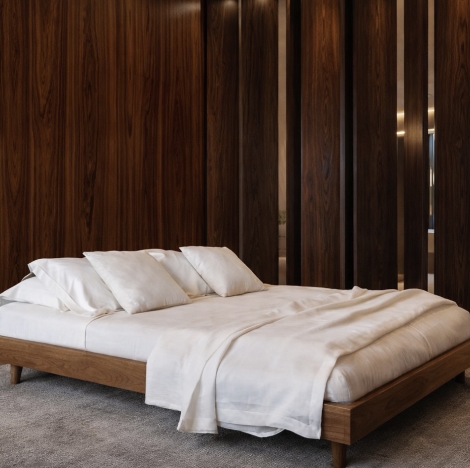 Cama de linho branco diante de painel de madeira escura