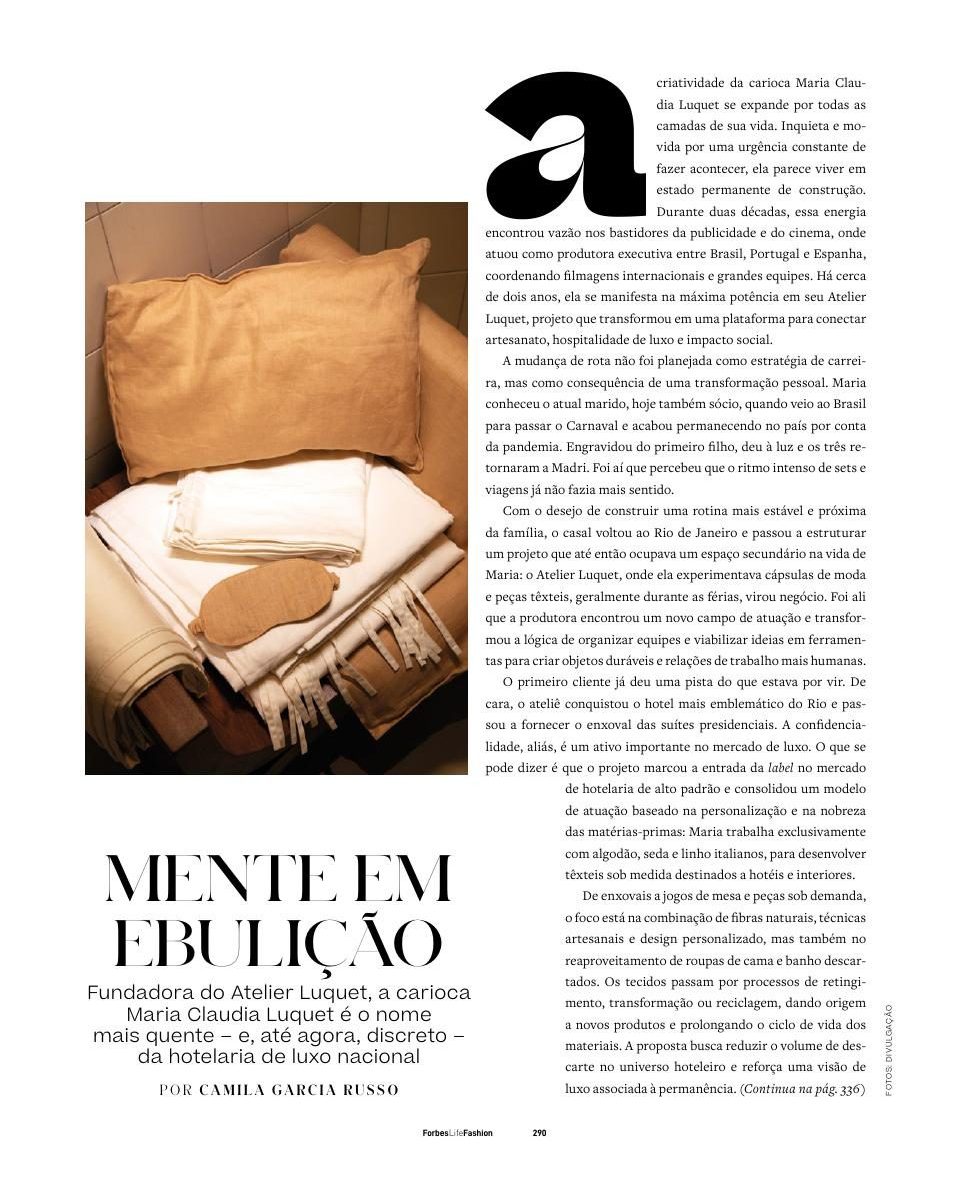 Página 290 da ForbesLife Fashion com a matéria Mente em Ebulição sobre o Atelier Luquet